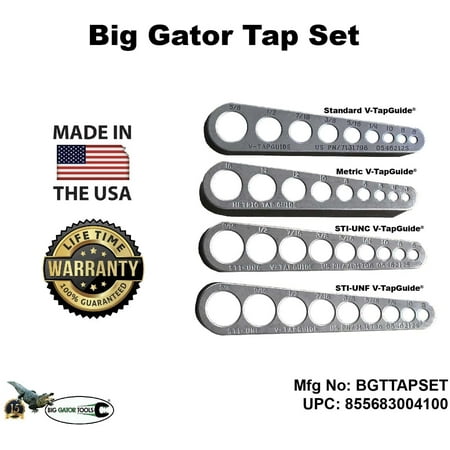 UPC: 0855683004100 | Big Gator Tap Set -4 Pc Set – V-TapGuides – Standard & Metric Sizing