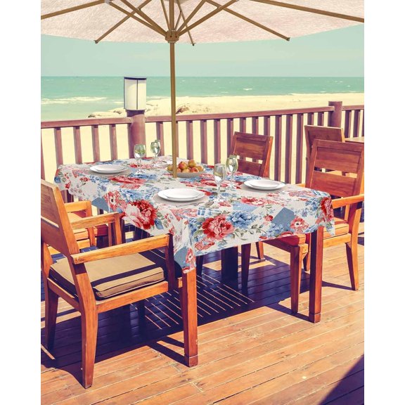 Blue Red Spring Floral Outdoor Tablecloth - 60x102 Inch Rectangle Dining Table Cover, Rustic Vintage Flowers Botanical Waterproof Outdoor Table Cloth with Umbrella Hole & Zipper for Patio