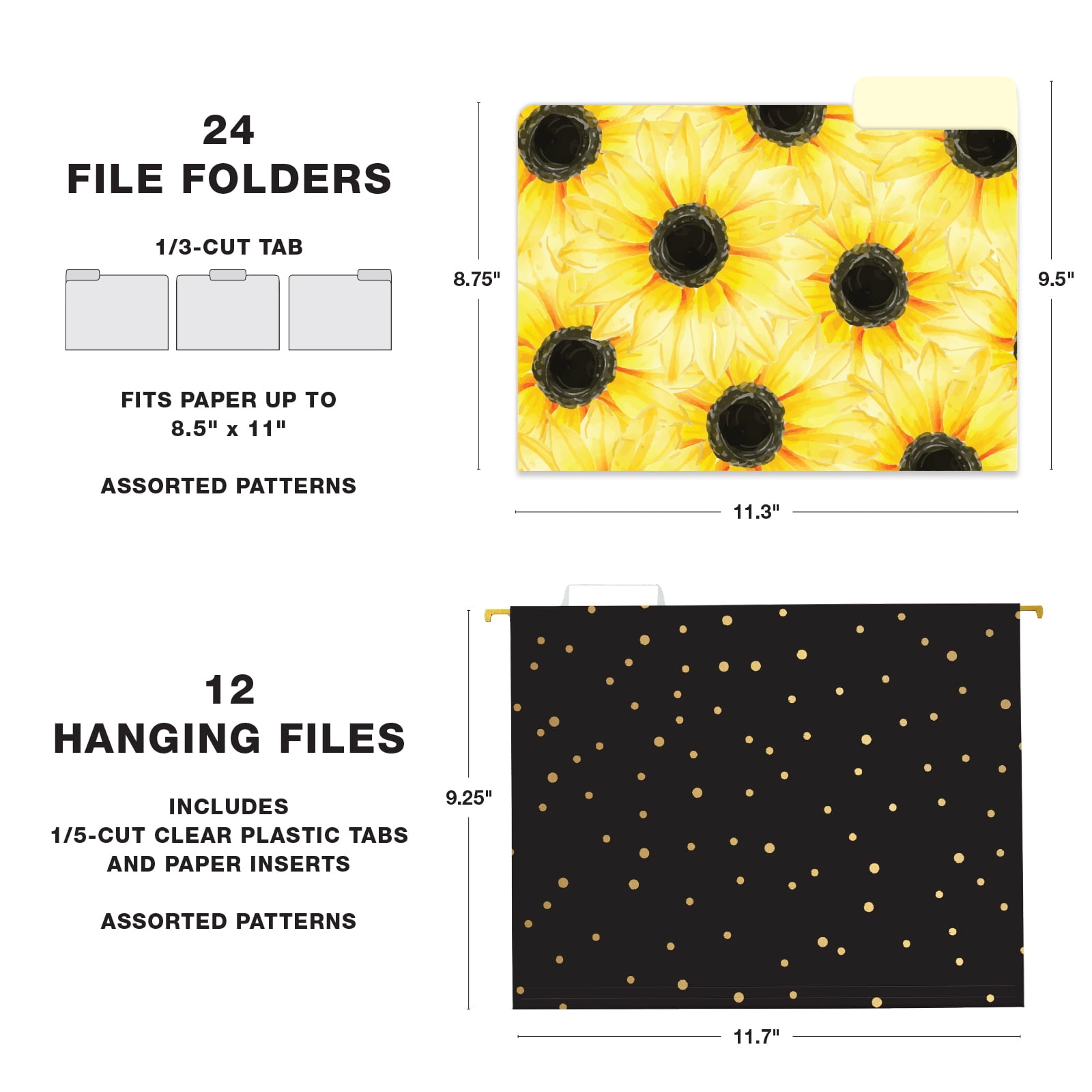 Global Printed Products 12 Hanging File Folders and 24 File Folders, Letter Sized- Sunflower