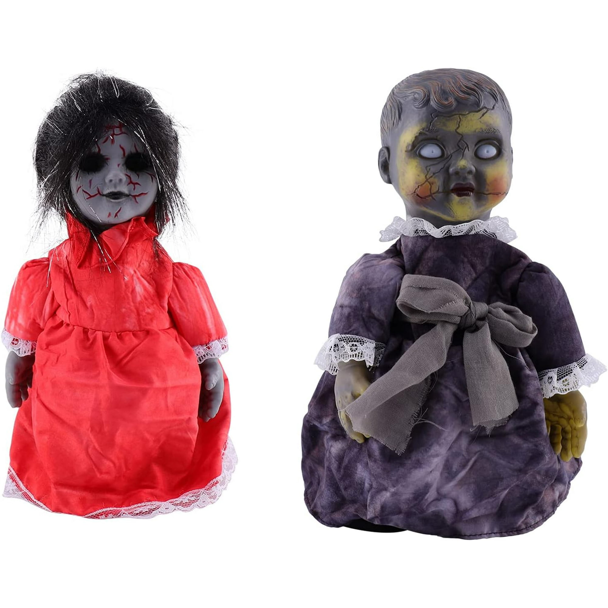 2Pcs Halloween Creepy Dolls Voice activated Induction Horror Scary Glowing Walking Doll With Sound without Battery