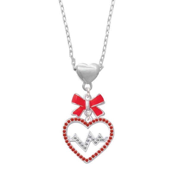 Delight Jewelry Silvertone Large Red Crystal Heart with Clear Heartbeat Red Bow Heart Necklace