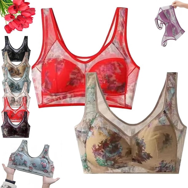 Foxyseniors Bra, ElleBloom Bra - Ultra Thin Ice Silk Lace Cooling Comfort Bra, Sujetadores Push Up inalámbricos sin Costuras para Mujer