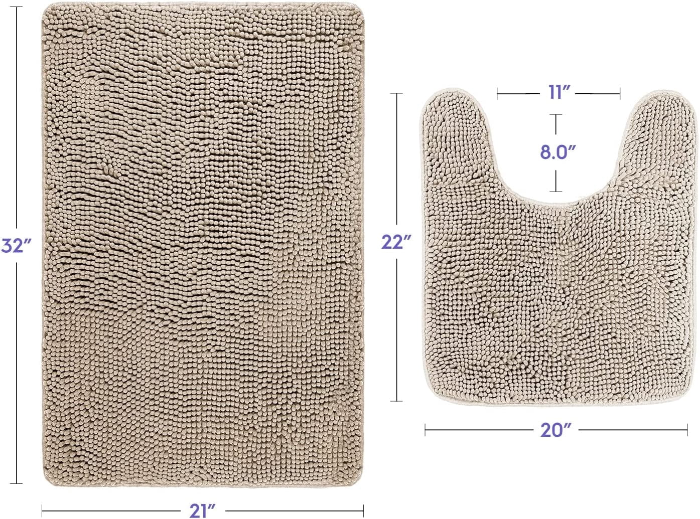 Bathroom Rugs, Extra-Thick Memory Foam Bath Mat, Ultra-Soft Chenille Microfiber, Highly Absorbent, Machine Washable, Shaggy Bath Mats for Bathroom, Circular Cutout (21x32 + 20x22, 2pcs) Beige
