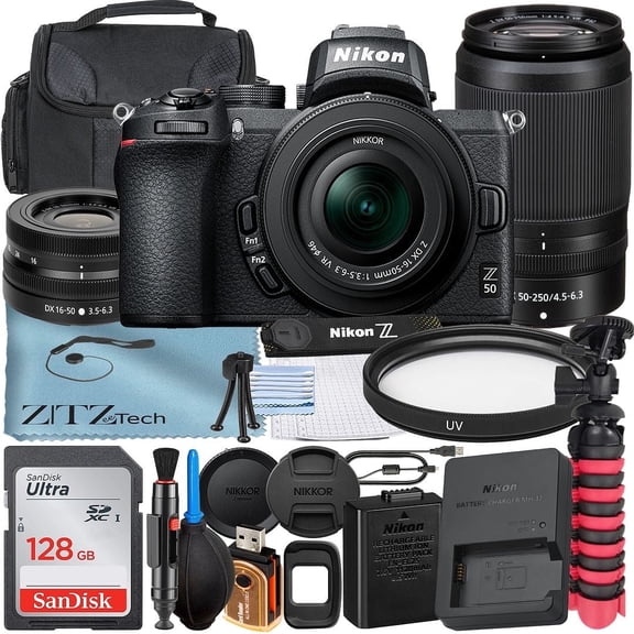 Nikon Z 50 Mirrorless Camera with NIKKOR 16-50mm   DX 50-250mm Zoom Lens   SanDisk 128GB Memory Card   Case   UV Filter   ZeeTech Accessory Bundle