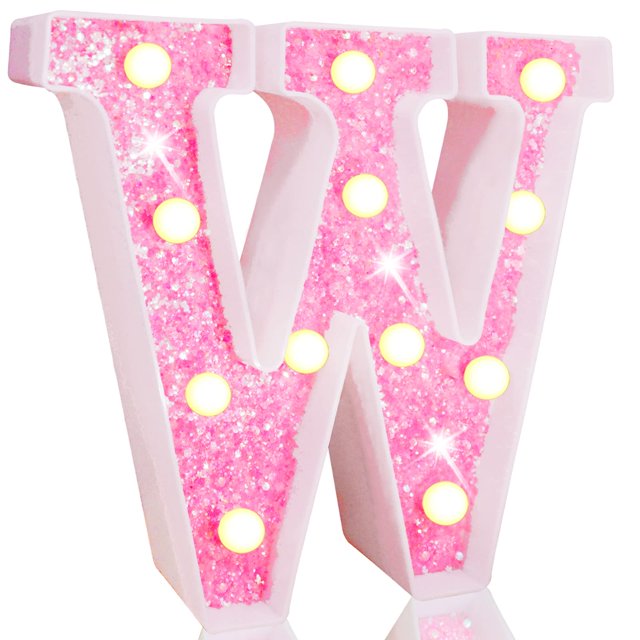 Lámpara LED Pooqla con forma de marquesina con letra W, purpurina rosa, batería