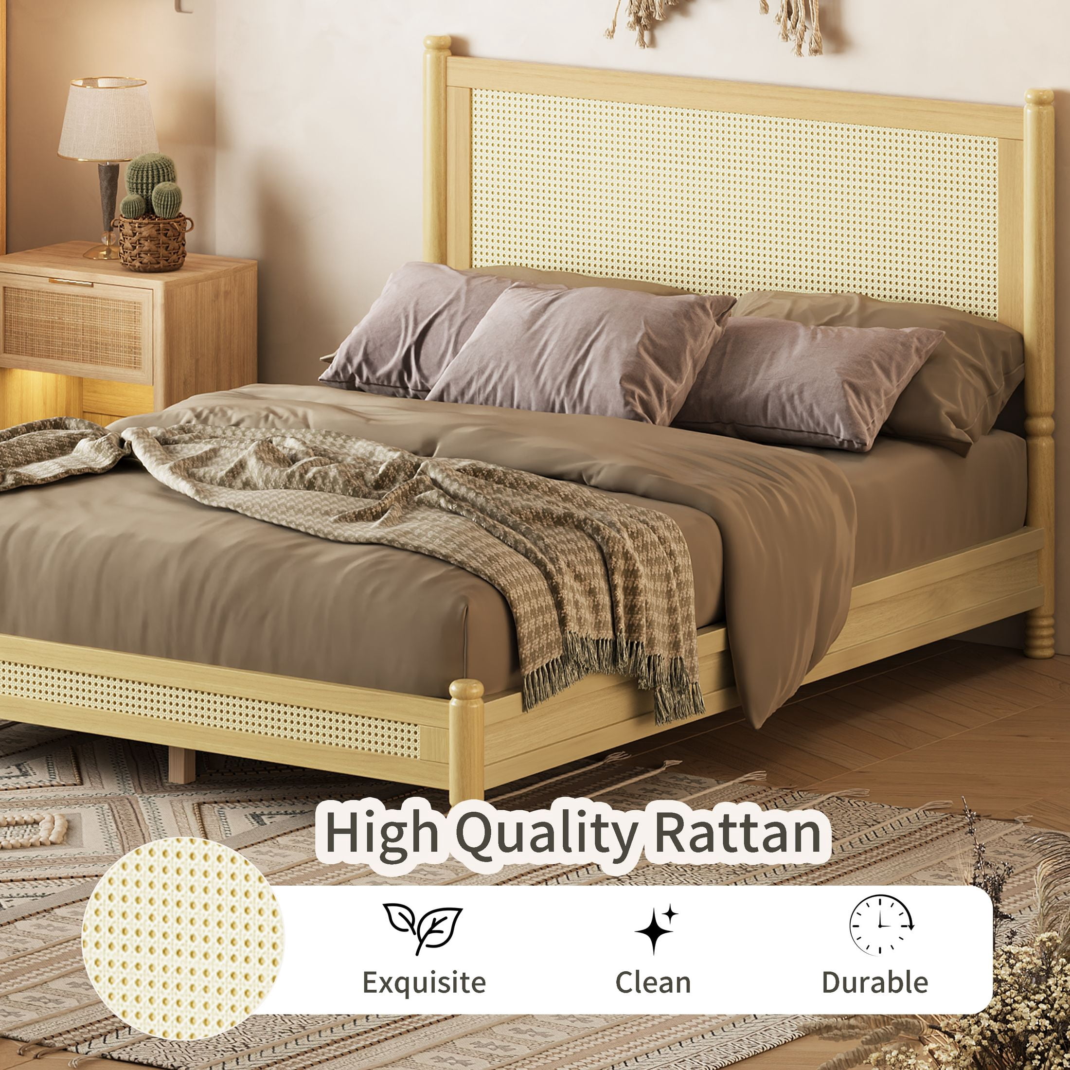 GDF Studio Annes Full Size Boho Rattan Platform Bed Frame with Turned Legs, Woven Cane Pine Wood Bed Frame, Natural