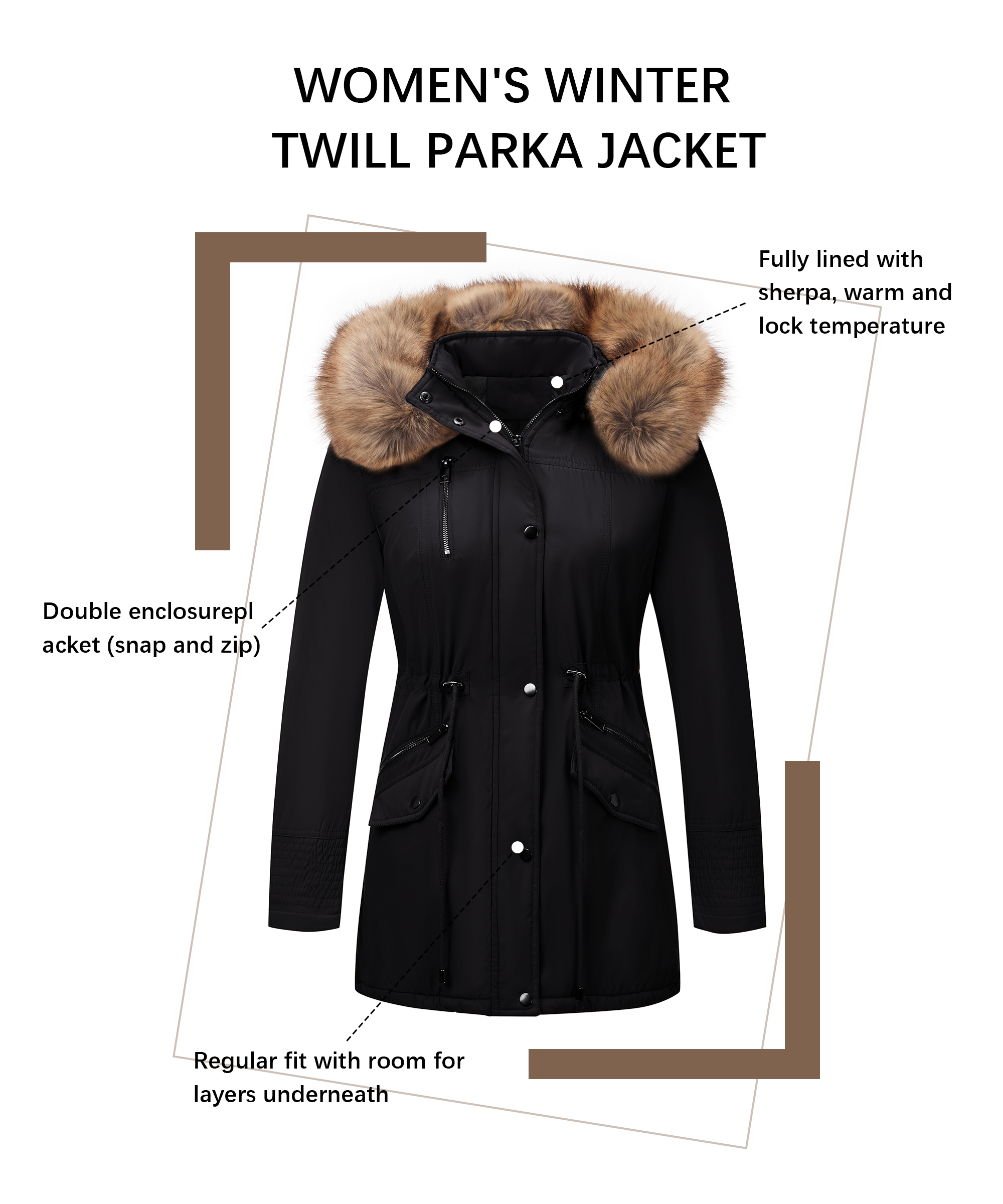 Giolshon Women's Twill Parka Jacket with Faux Fur Collar,Warm Winter Coat for Women Fall and Winter - image 2 of 6