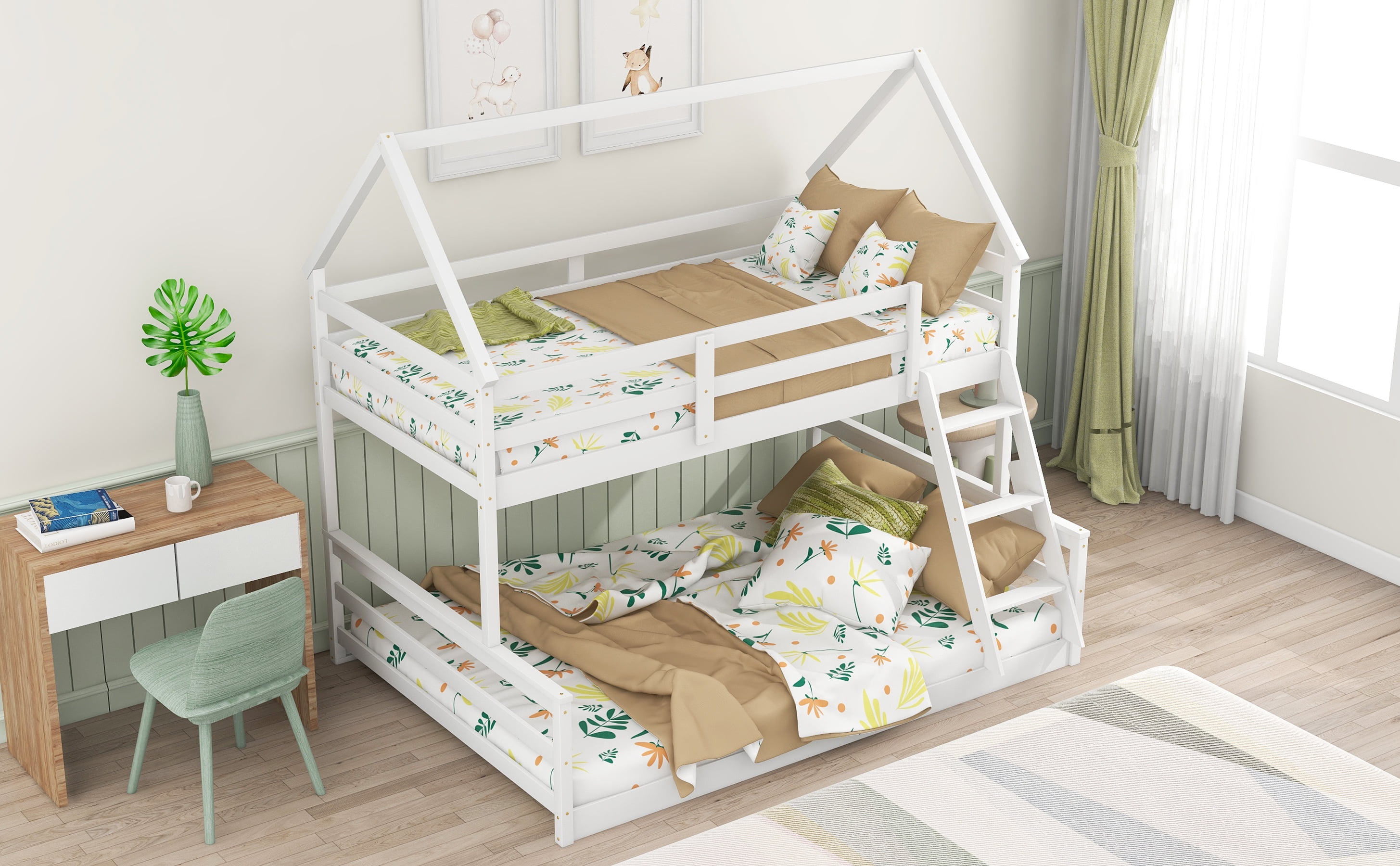 EUROCO Pine Wood Twin over Full Bunk Bed, House-Shaped for Kids Teens Bedroom, White