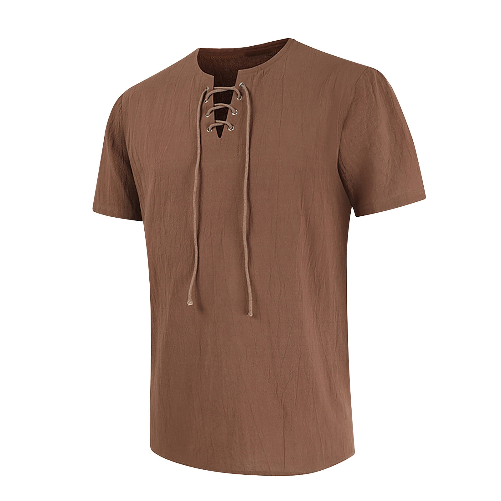 YYDGH On Clearance Men's Vintage Cotton Linen Casual T Shirt Summer Lace Up  Hippie Shirts Short Sleeve V-Neck Loose Top(Brown,XL)