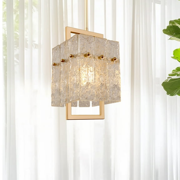 YANSUN 1-Light Pendant Light, Modern Luxury Ripple Glass Adjustable Chandelier for Kitchen Island, Dining Room, and Bedroom, Gold