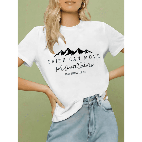 White Print Tshirt Inspirational Graphic Tees Faith Shirts for Casual Daily Church Gatherings Faith Can Move Mountains Matthew 17:20 Tops S-5XL