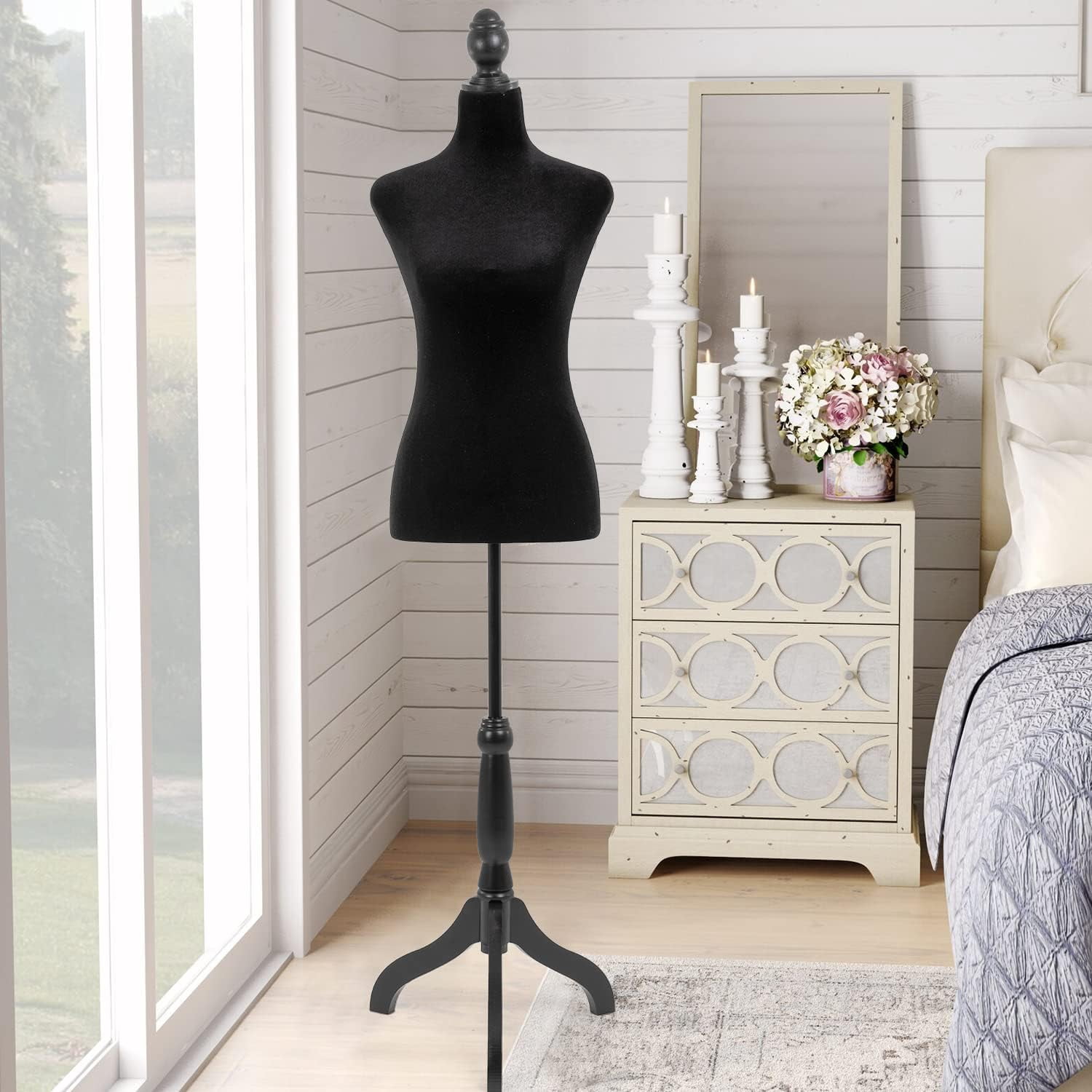 Female Torso Mannequin Dress Form with Height Adjustable Wooden Stand, Black, 1