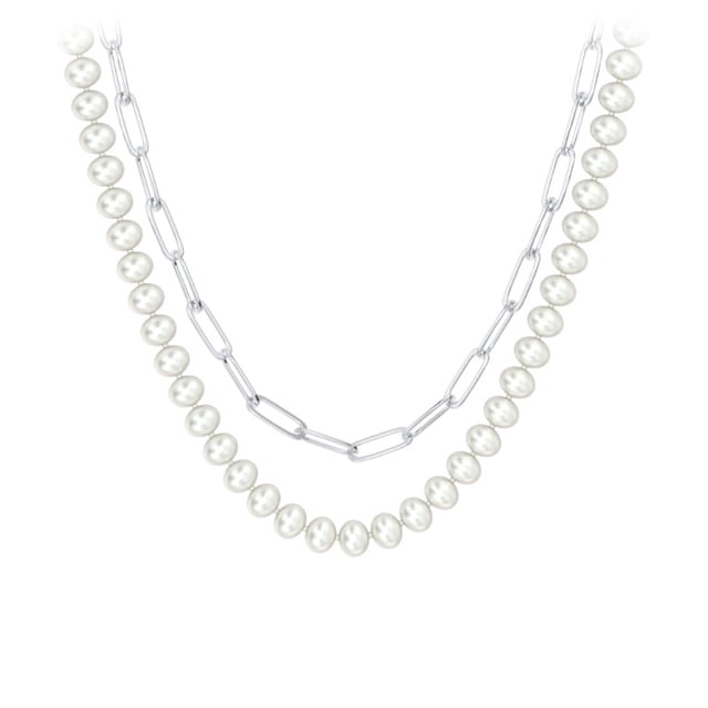 Layering Necklace with Pearls and Paperclip Chain