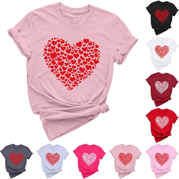 VKOYWKM T Shirts for Women Valentines Day Shirts Cute Heart Print Short Sleeve T-Shirts Valentine Tops Holiday Crew Neck Valentines Day Heart Shirts
