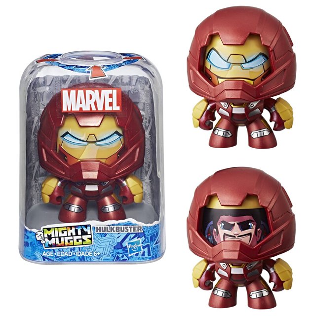 hasbro face changing dolls for kids, mighty muggs, marvel avengers, star van, anime figure, stressed action, institutes toys, children gift — Figura de acción Mighty Muggs Marvel de 10 cm con casco rojo metálico y detalles amarillos; en empaque transparente con etiqueta MARVEL y base azul; vistas extra muestran la cara ilustrada que se revela dentro del casco; adecuada como pieza de colección o exhibición.