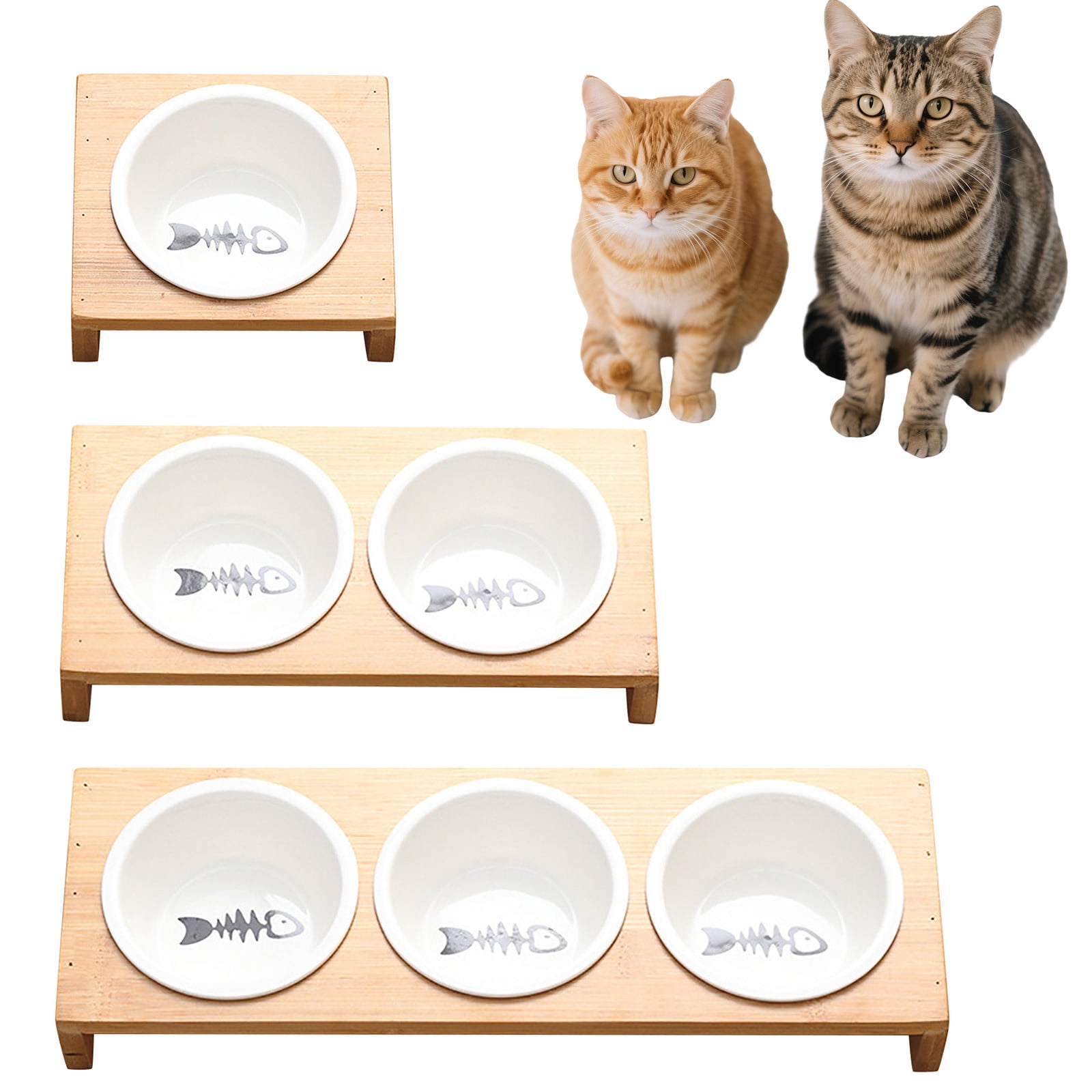Stylish 3-Bowl Ceramic Cat Feeder with Bamboo Stand, Fishbone Design Elevated Pet Food & Water Station