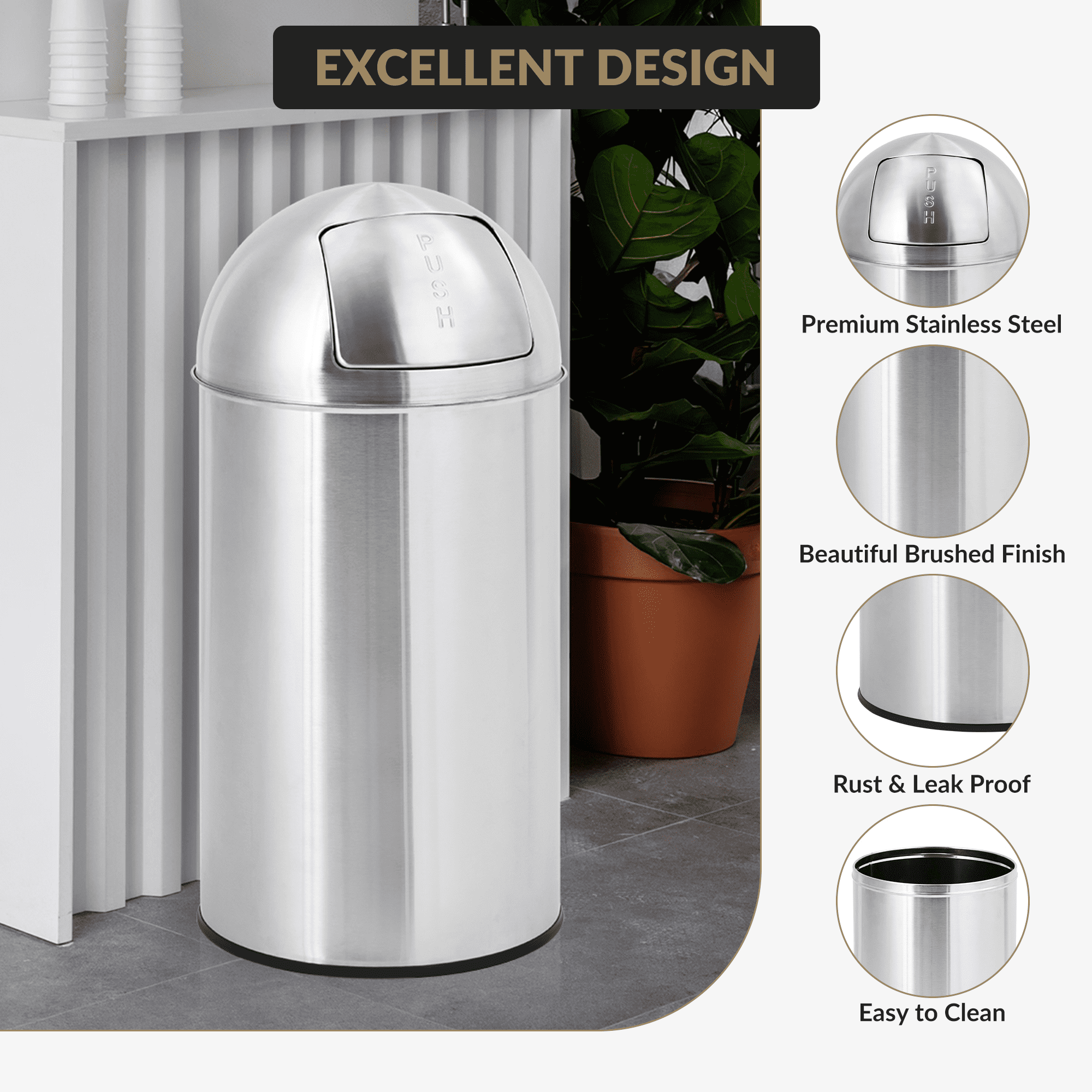 18.5 Gallon/70 L Tall Trash Can, Heavy Duty Stainless Steel Garbage Can with Push Lid, Outdoor Fingerprint-Proof Trash Bin with Removable Inner Metal Bucket for Commercial Use