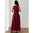 thumbnail image 2 of Petite Womens Burgundy Solid Square Neck Ruched Flared Maxi Dress For Spring Summer, 2 of 8