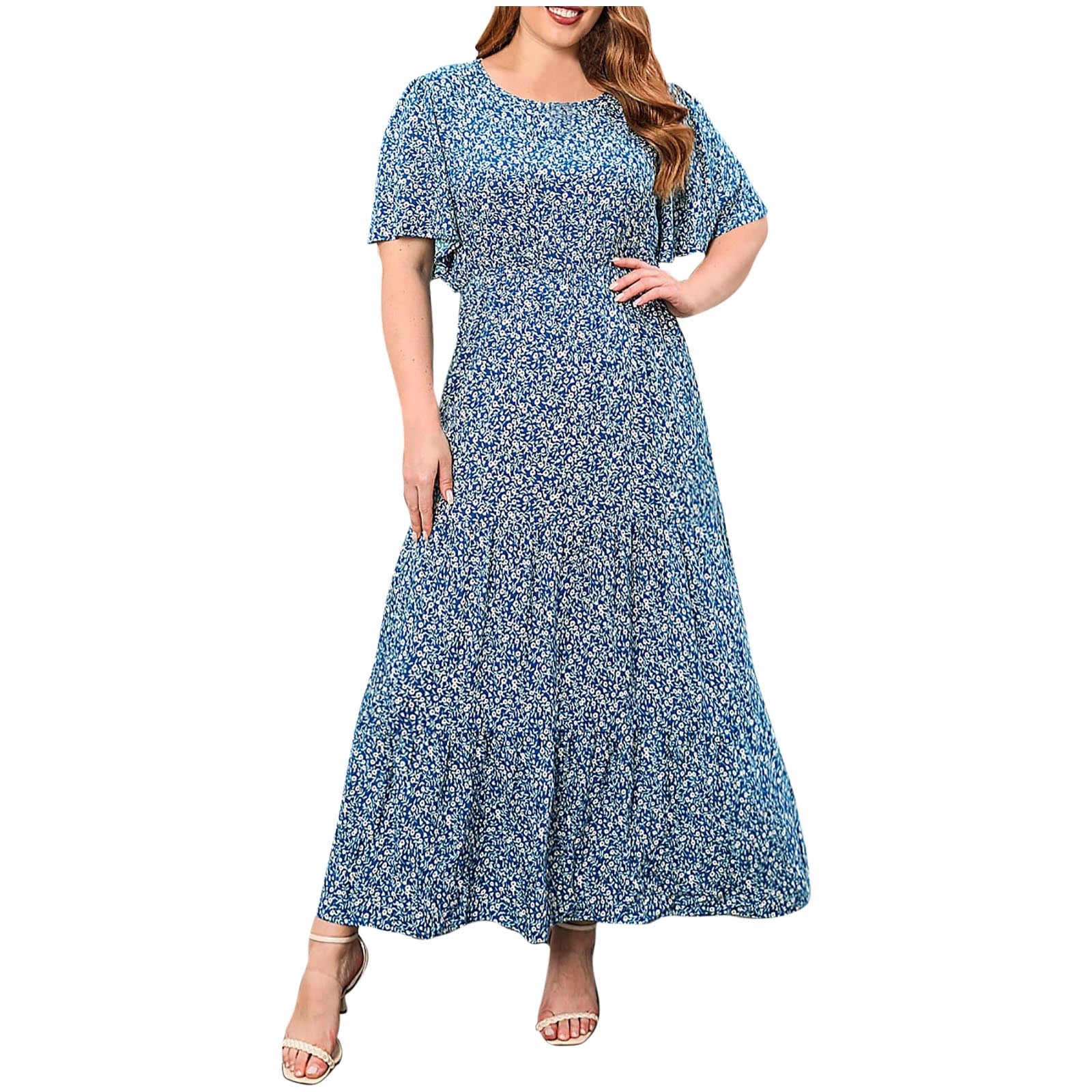 Oplxuo Plus Size Maxi Dresses for Curvy Women Summer Casual Boho Ditsy Floral Print Layered Flared Long Dress
