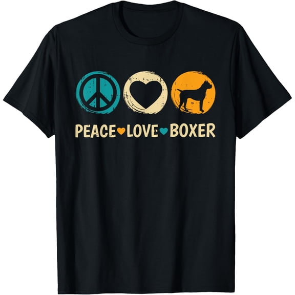 Peace Love Boxer Dog Retro Puppy Lover Owner Groomer T-ShirtMen and women can wear, black T-shirts, gifts. Age: M,L，XL 2XL, 3XL, 942XL