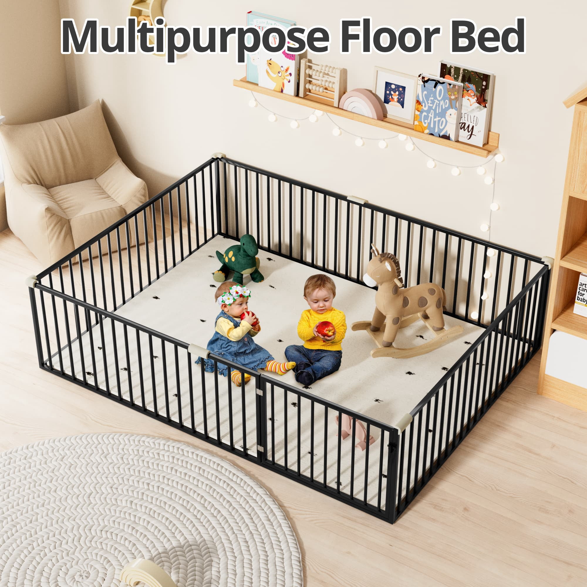 Queen Size Montessori Floor Bed with Safety Fence and Door, Metal Floor Bed Frame with Rails, Minimalist Versatile Floor Bed for Children Bedroom, Toddlers, Boys Girls, Kids Playroom, Black