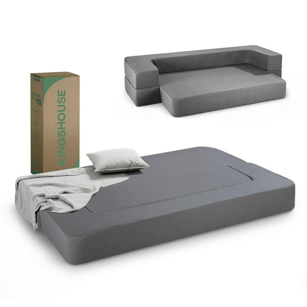 Colchón Plegable Matrimonial, Sofá Cama 3 en 1 Futón Tipo Japonés a Ras de Piso, Portátil y Ligero gris