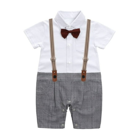 

ZRBYWB Baby Boy Clothes Gentleman White Shirt Bowtie Tuxedo Onesie Jumpsuit Overall Romper For 3 To 18 Months Cute Summer Clothes