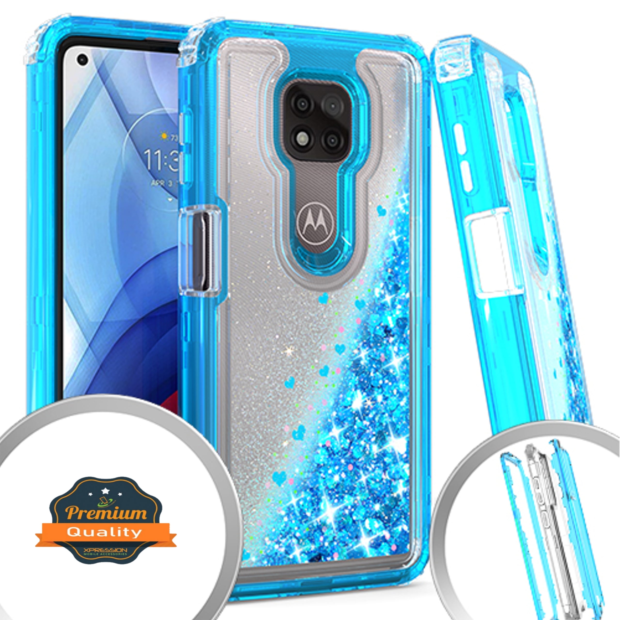 Xpression Case for Motorola Moto G Play 2021 Liquid Quicksand Bling Sparkle Heavy 3 in 1 Hybrid Shockproof Bumper Phone Cover [Blue] - Walmart.com