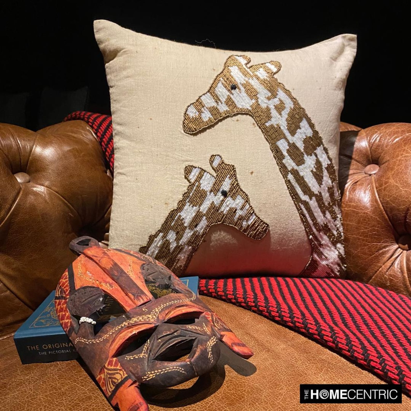 The HomeCentric Pillow Case With Zipper Decorative Animal Print Pillow CoverAccent Couch Sofa Bed Pillow Case Pack of 2 24x24 inch Beige Linen Pillow Cover Bead Embroidered - Giraffe Talk
