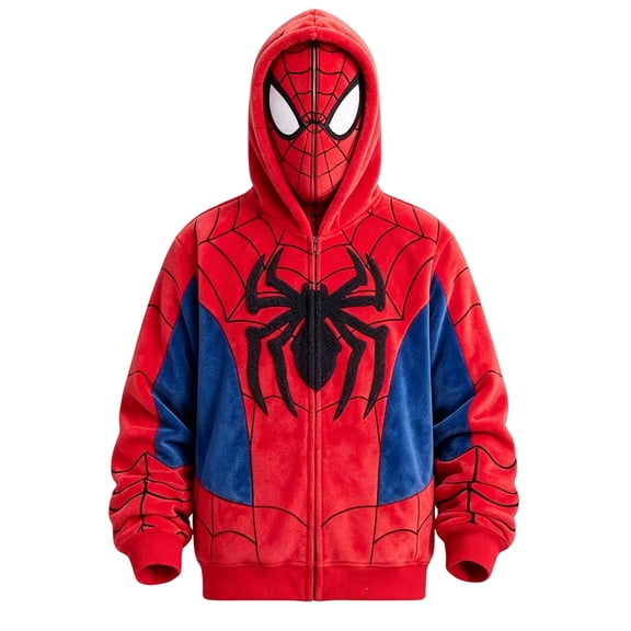 Unisex Superhero Zip Up Hoodie with Full Face Mask, Red Blue Fleece Spider Web Print Graphic Sweatshirt Pocket