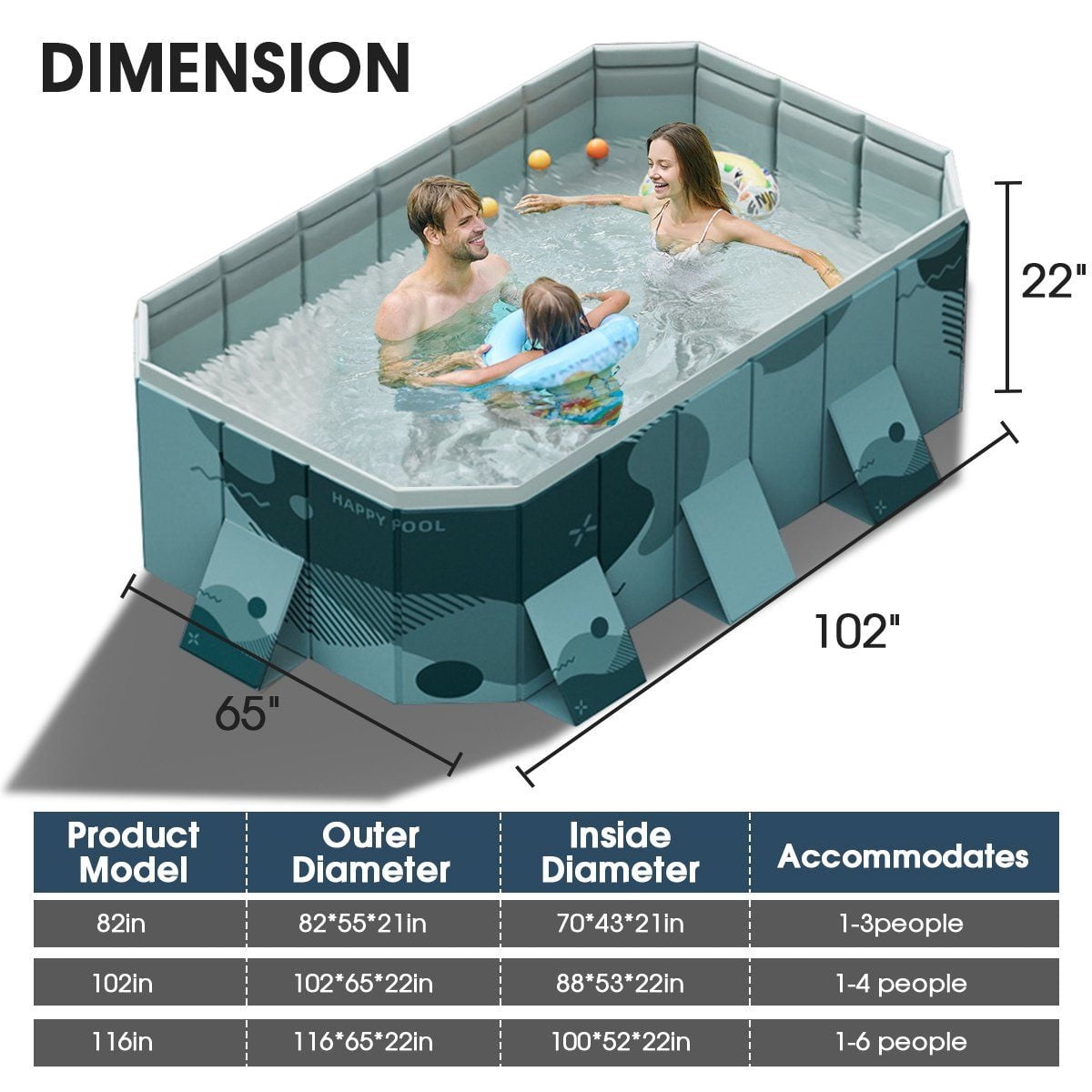 HENG Co. 102"Foldable Non-Inflatable Swimming Pool for 1-4 People, Foldable Above Ground Kiddie Pool for Family(Blue)