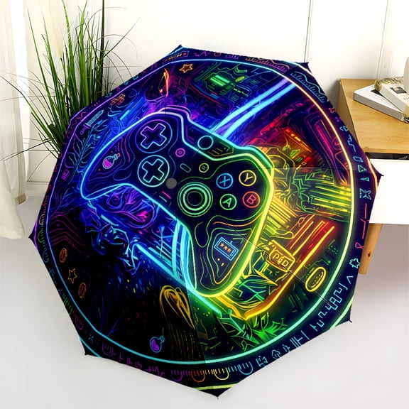 Neon-Colored Game Controller Print Automatic Folding Umbrella, Portable 8-Rib Windproof Rain Umbrella for Outdoor, Travel, and Daily Use