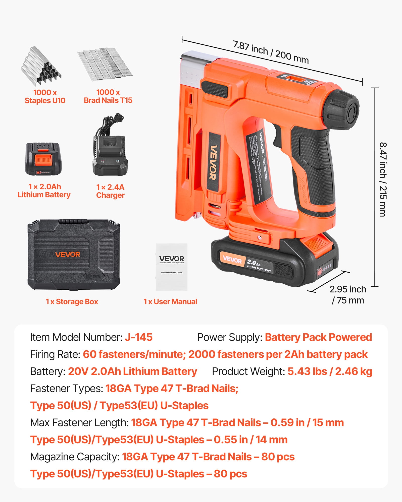 VEVOR Cordless Brad Nailer, 2-in-1 Nail Gun Staple Gun, 18 Gauge 5/8 inch, Includes 1000 Pcs Staples and 1000 Pcs Nails, with Battery and Charger, Non-Slip Rubber Grip, for Woodworking DIY Projects