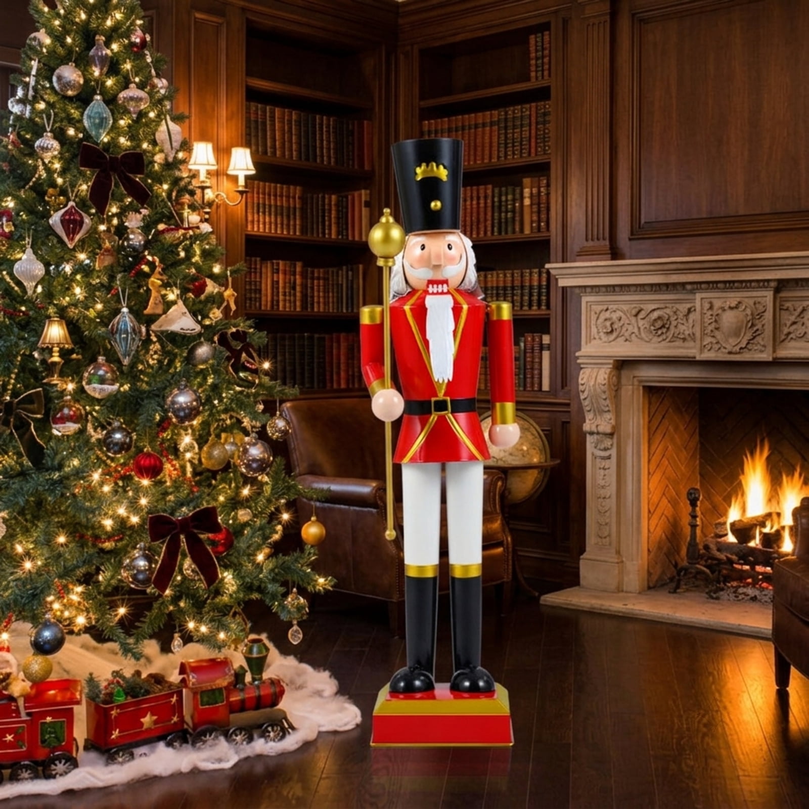 RUIE 32.5 Inch Christmas Nutcracker with High Hat and Scepter, Black & Red Metal Nutcracker Soldier with Hidden Storage for Indoor Outdoor Holiday