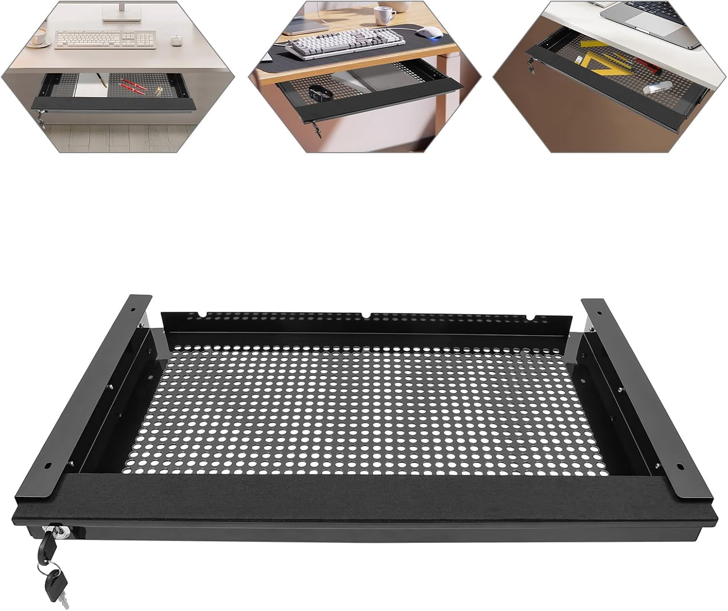 21.56'' Under Desk Mounted Sliding Pull-out Drawer, Pull-out Drawer with Lock Space-Saving, for Office Desk, Pull Handle, Storage Organizer for Sit Stand Workstation, Black