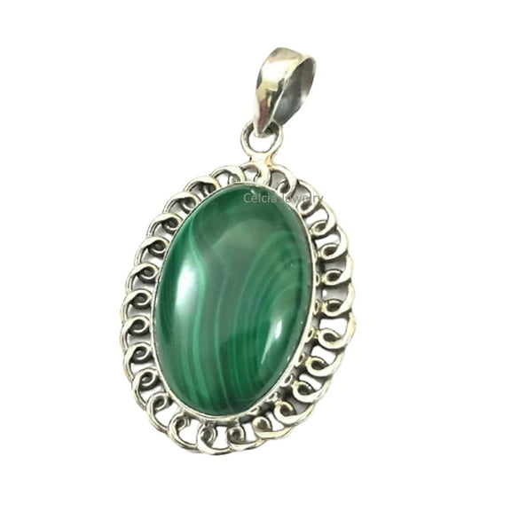 Solid 925 Sterling Silver Pendant For Women Men, Genuine Malachite Cabochon Oval Green Gemstone Unique Handcrafted Jewelry