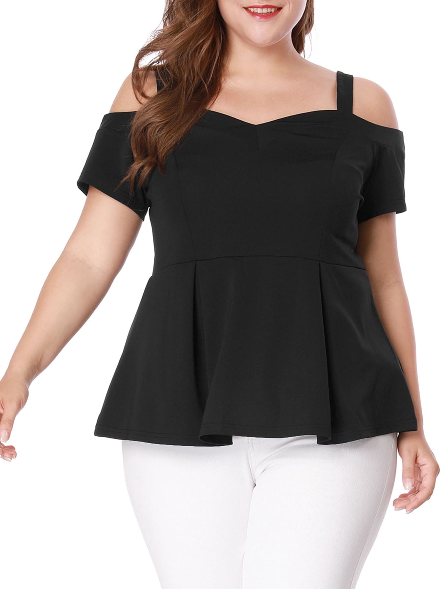 Unique Bargains Women's Plus Size Off Shoulder Peplum Summer High Waist Top 3X Black