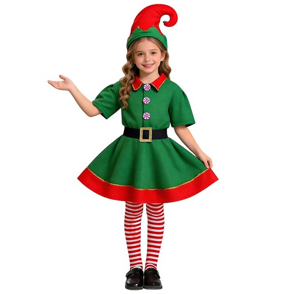 Elf Outfit for Kids Short Sleeve Girls Elf Dress Set Party Outfit Christmas Outfit Kids 11-12 Years