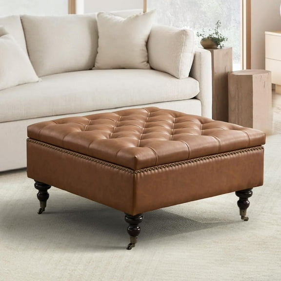 Square Storage Ottoman Coffee Table Tufted Upholstered Large Ottoman with Storage with Rolling Wheels Oversized Footrest Ottomans for Living Room, Brown Faux Leather