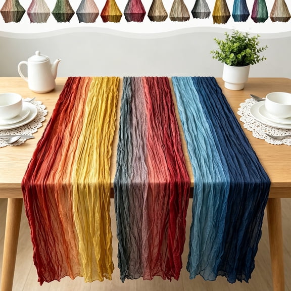 Yeciiwht Gradient Crinkle Table Runner – 71*35in Boho Sheer Gauze Table Flag for Wedding Party Decor, Multicolor Blended Draping Cloth for Dining & Event Tables
