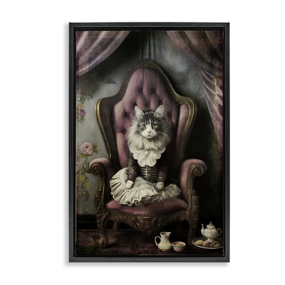 Stupell Industries Royal Cat & Tea Novelty Painting Black Floater Framed Canvas Art Print Wall Art, 17 x 25