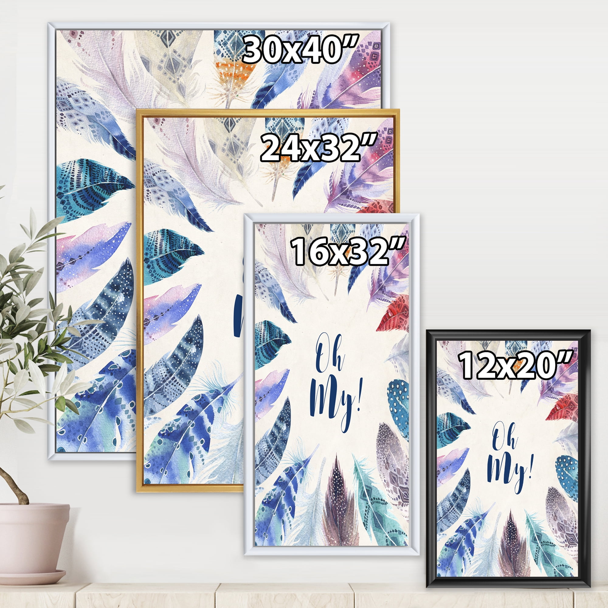 Designart 'Vital Blue Feathers Oh My' Bohemian & Eclectic Framed Canvas Wall Art Print