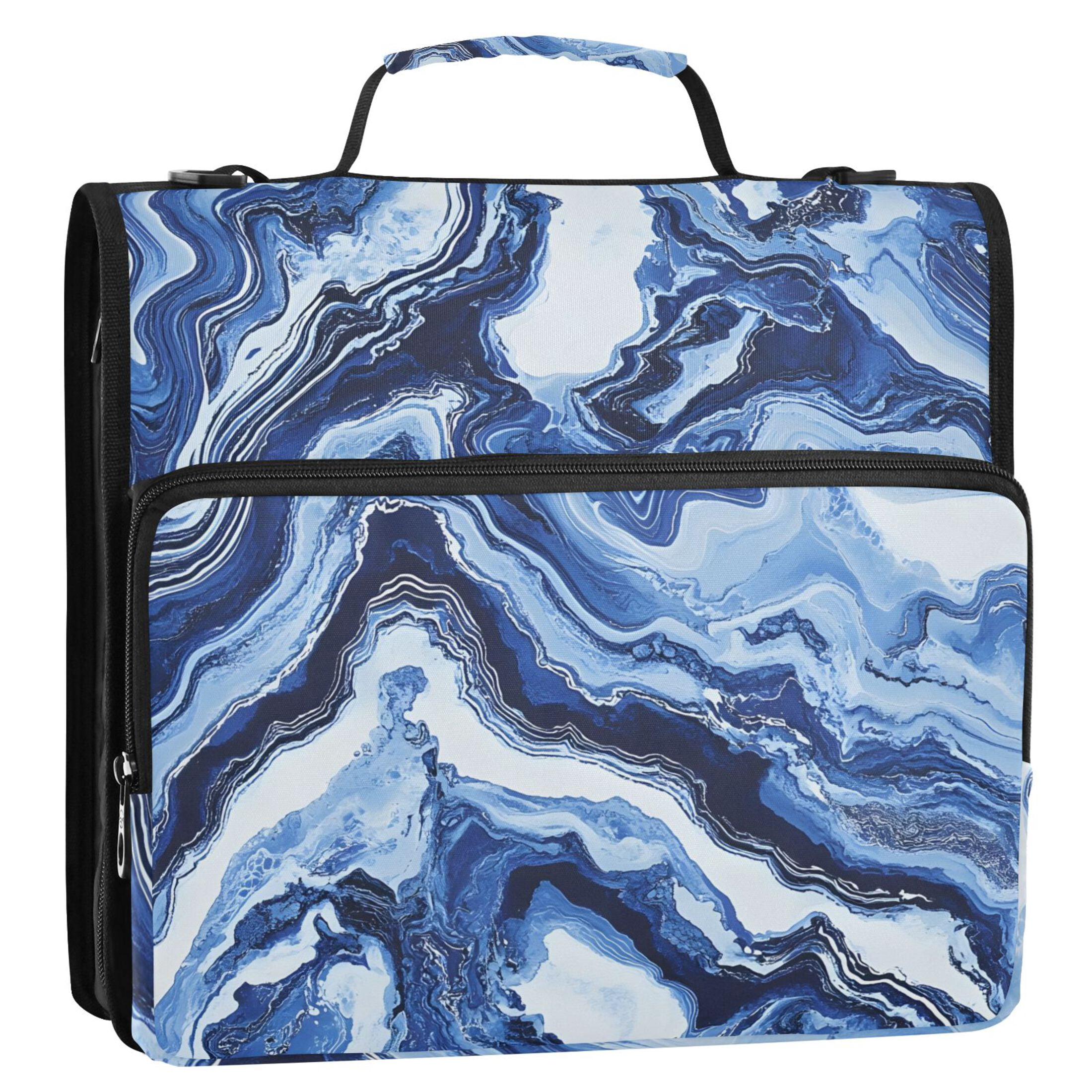 3 Ring Zipper Binder with Shoulder Strap Waterproof Trapper Keeper 2 Inch D-Ring 500 Sheets Capacity Blue Black White Marble