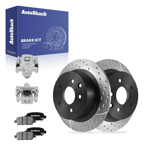 AutoShack Rear Solid Drilled & Slotted E-Coated Brake Rotors   Ceramic Pads   Calipers 8-PC Brake Kit Replacement for 2007-2012 Nissan Sentra ShadowGuard 11.48" (291.6 mm)