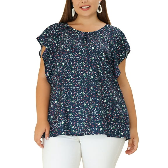 Unique Bargains Women's Plus Size Outfits Flare Short Sleeve Polka Dots Chiffon Blouse