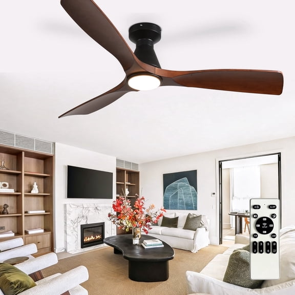 52-Inch Low Profile Flush Mount Ceiling Fan with Light - Walnut 3-Blade, Remote APP Control, Dimmable & Timer, Ultra Quiet DC Motor, Hanging Fan for Indoor/Outdoor Use