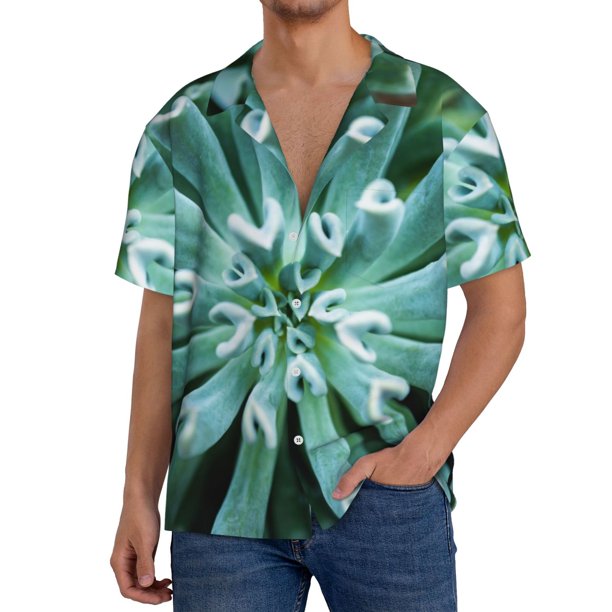 Balery Teal Cactus Camisa Casual de Manga Corta con Botones para Hombre, Texturizada, Estilo Cubano, para Playa, Verano-4X-Large