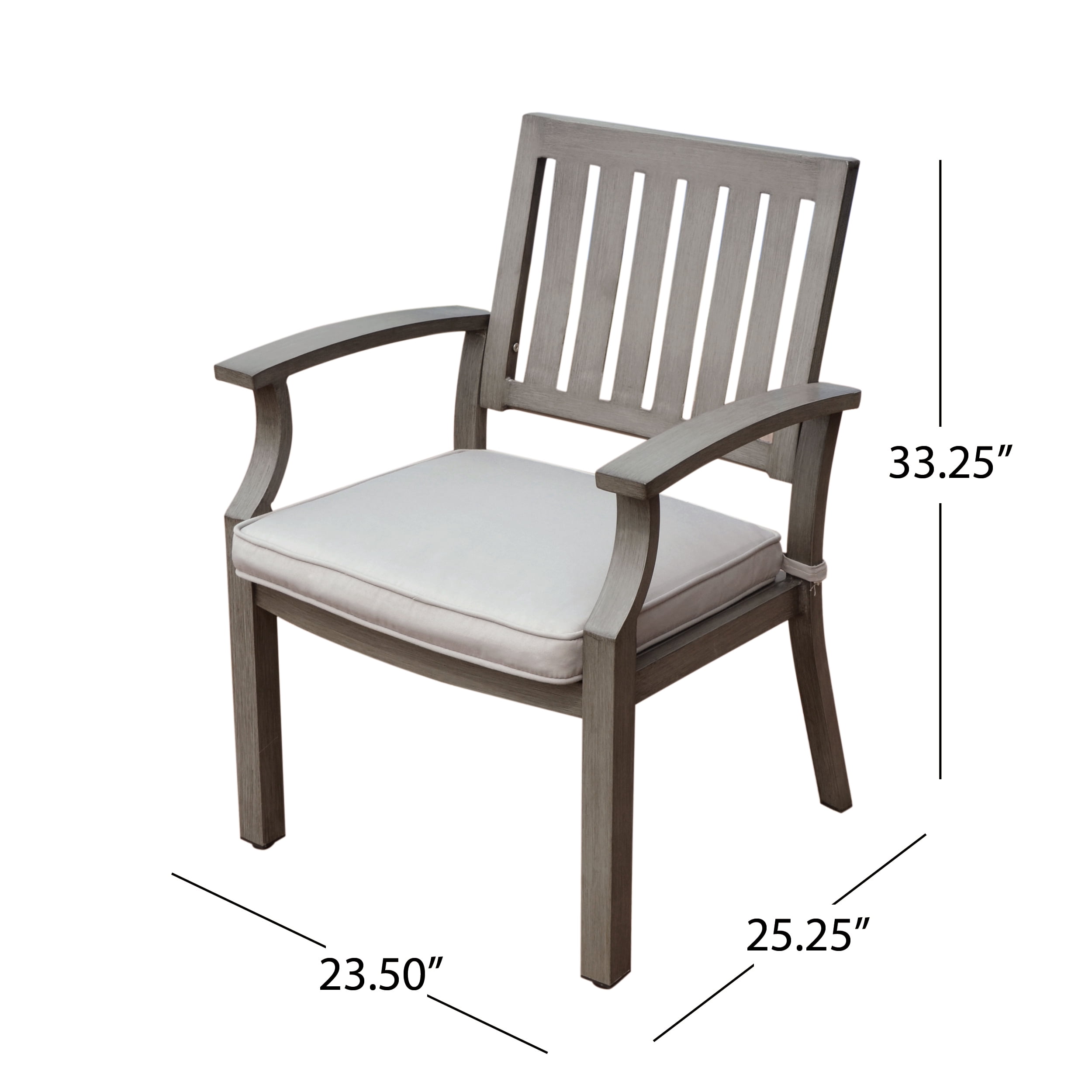Outdoor Cushioned Dining Chair Set of 2, Acacia Wood and Metal Frame Household Seats for Patio Garden, Dark Gray and Silver