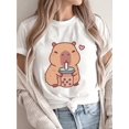thumbnail image 1 of Women's Cute Capybara Boba Tee - Casual Short Sleeve, Round Neck, Cotton Knit, Machine Washable, All-Season Black T-Shirt, Capybara T Shirt, 1 of 6