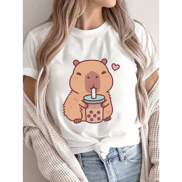 Women's Cute Capybara Boba Tee - Casual Short Sleeve, Round Neck, Cotton Knit, Machine Washable, All-Season Black T-Shirt, Capybara T Shirt